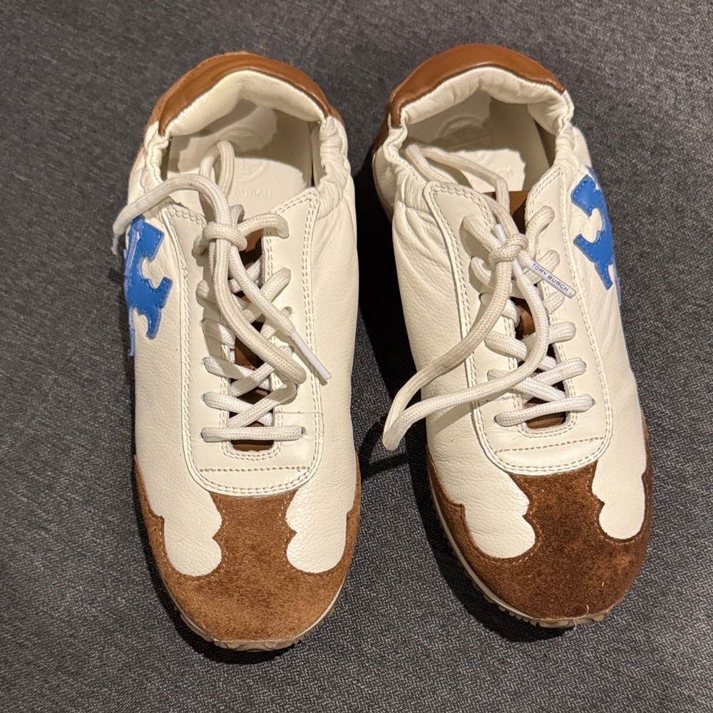 Tory Burch Cream and Brown Sneakers with Blue Accent
